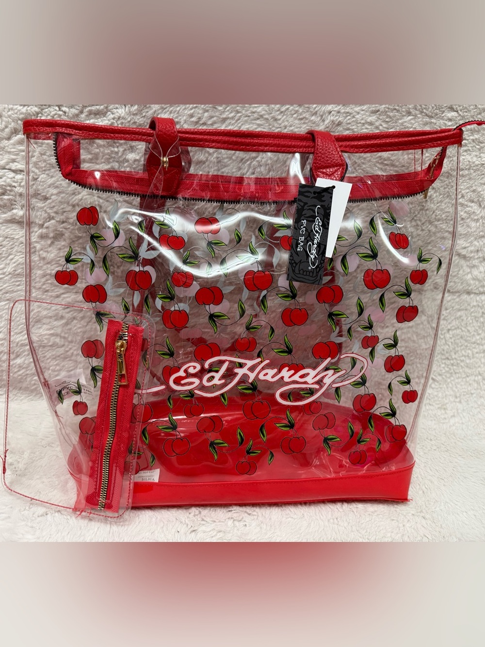 Ed Hardy Clear Cherry Tote with Red Trim